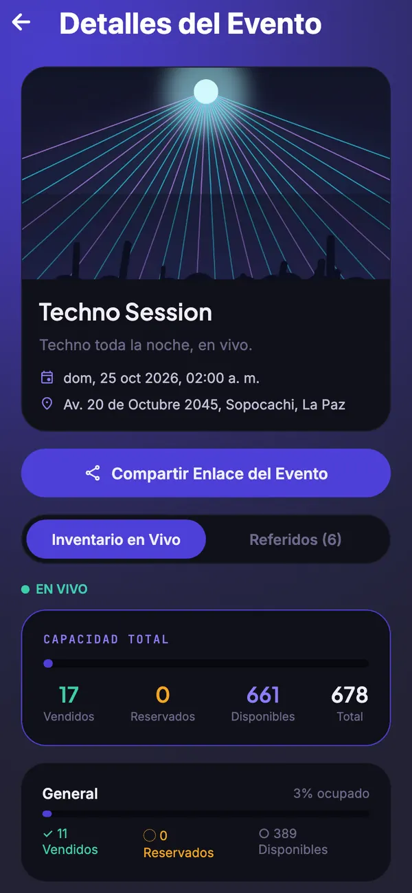 El inventario del evento en vivo